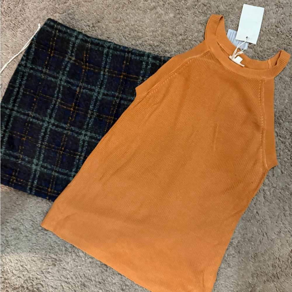 Plaid Dark Blue Mini Skirt and Orange Tank Top Set - Large - New with Tags